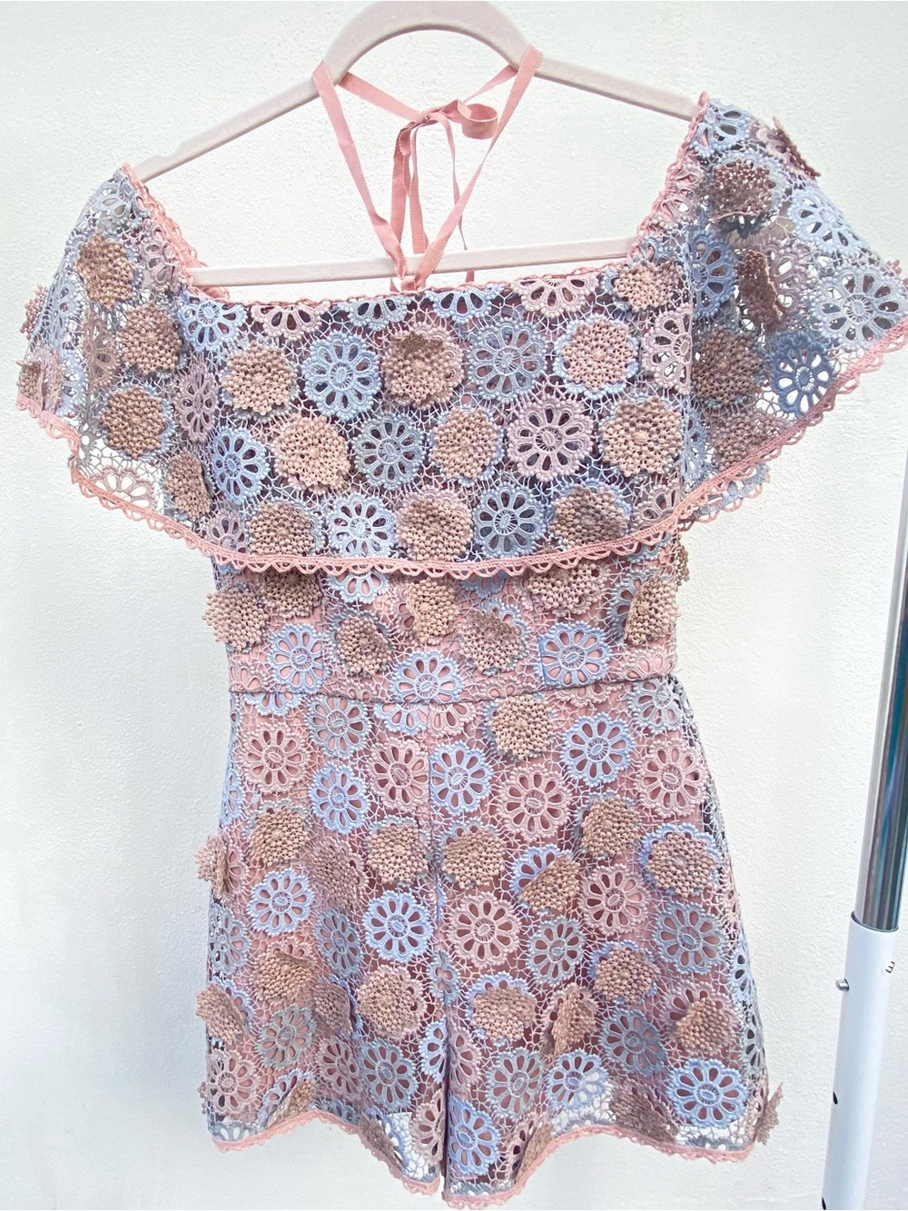 Alexis Blue & White Crochet Lace Halter Off Shoulder Romper Size Small